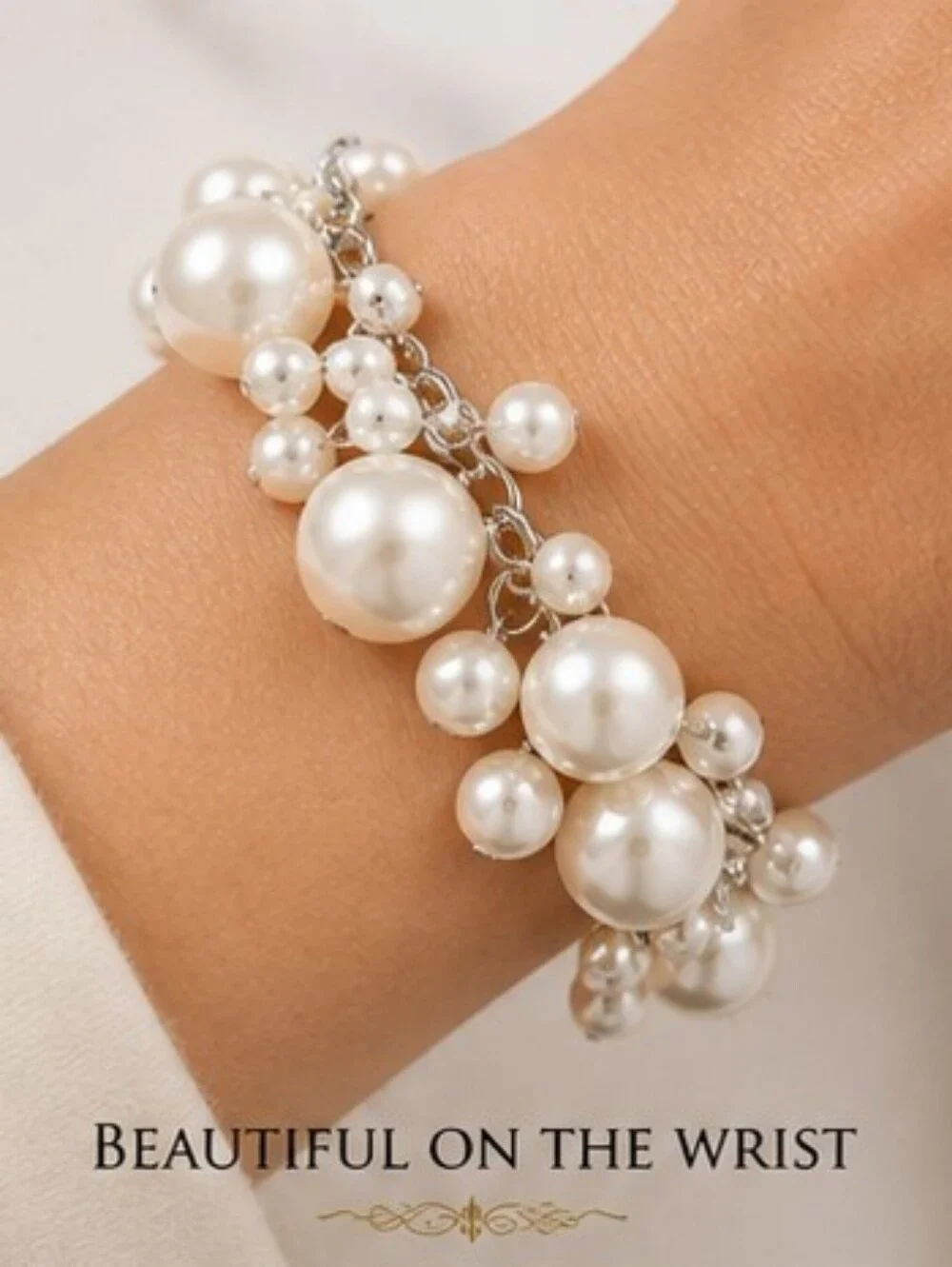 Faux Pearl Cluster Statement Bracelet Silver Tone Adjustable NOT